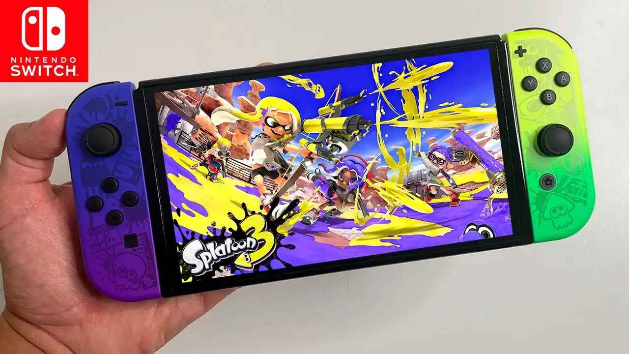 Прошитая Nintendo Switch OLED 64GB (Splatoon 3 Edition) — Ракурс 5 Прошитая Nintendo Switch OLED 64GB (Splatoon 3 Edition) — Фото 5 в Gameshop24